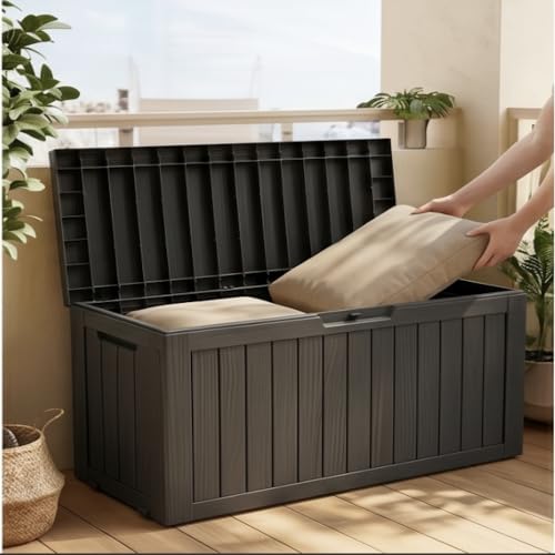 Image of The Artment Black StorraDeck 227 Ltr Wood Panel- Waterproof, UV-Resistant Resin Deck Box with Lockable Lid for Indoor & Outdoor Multipurpose Use | Durable Storage Box for Balcony, Hall, Garden & Patio