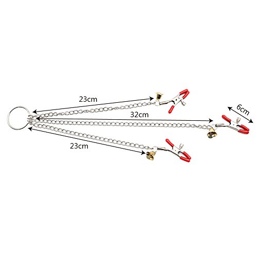 DIYWORK 3 koppen kettingklem, 2 stuks tepelklemmen en clitorisklem, 23 cm en 32 cm lange metalen kettingen, met belletje, seksspeelgoed voor koppels (rood) - Afbeelding 3