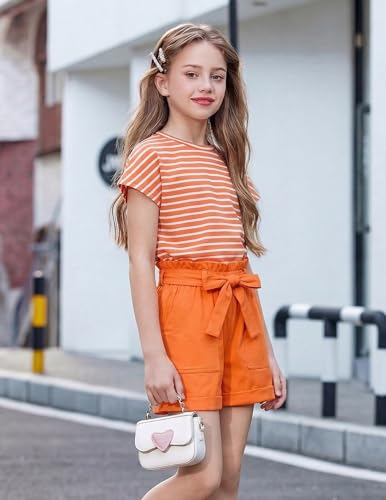 Image of Arshiner Girls 2 Piece Outfit Summer Drop Shoulder Batwing Sleeve Tops and Paperbag Waist Shorts Set Cute Clothing Size 6-14