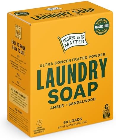 Ingredients Matter Powder Laundry Soap - Amber + Sandalwood Scent, Hypoallergenic Detergent, Natural & Eco-Friendly, Plastic Free, Natural Essential Oils & Dermatologist Tested - 30 oz, 60 Loads image 5