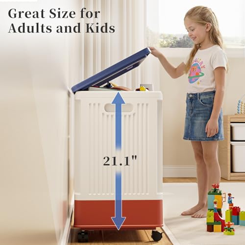 Image of HAIXIN HOME 60L Cute Laundry Hamper, Slim Rolling Laundry Hamper with Lid, Dirty Clothes Hamper Cart with Handle for Bedroom, Bathroom, Closet, Dorm, Blue Lid, White Body and Red Base - Tricolor