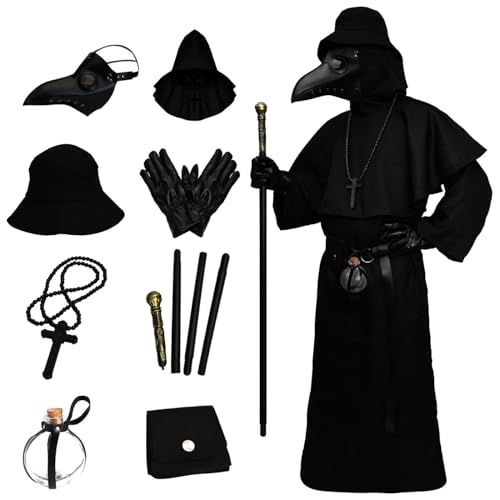 YoleShy 8 in 1 Plague Doctor Costume Set Cloak Scary Halloween Costumes Props Party Medieval Monk Priest Renaissance Cosplay (XL), X-Large, Black