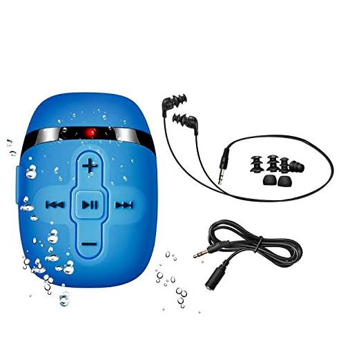 Sewobye Waterproof MP3 Player for Swimming, Waterproof Headphones with Short Cord, mp3 Waterproof Swimming Underwater 3 Meter, Shuffle Feature (Blue)