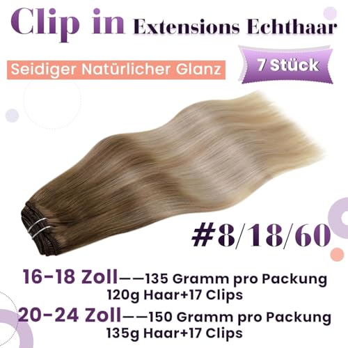 Image of LaaVoo Clip in Hair Extensions Real Human Hair Light Brown Ombre Ash Blonde Mix Platinum Blonde Human Hair Clip in Extensions Blonde Balayage Hair Extensions Clip ins Soft Straight 16 Inch 7pcs /150g