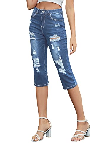 Women's Mid-Rise Capri Jeans Ripped Stretch Jean Capris Denim Pants3
