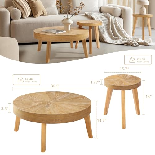 Hokyhoky Farmhouse Round Coffee Table Set Of 3, Boho Sofa Side Nesting Tables End Table Set With Wood Natural Finish For Living Room thumb #6