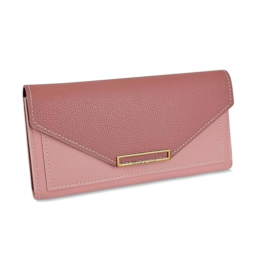Wallet for Women, Large Capacity PU Leather Bifold Wallet Slim Long Credit Card Wallet with Multi Card Slots (Pink)