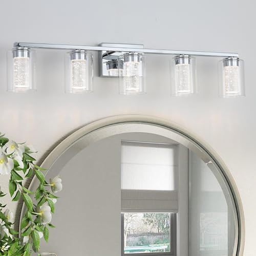 Image of 5 Light Chrome Bathroom Light Fixture, Dimmable 5CCT Chrome Bathroom Vanity Lights, 2700K-6500K Modern Crystal Bubble LED Wall Sconce Over Mirror with Clear Glass for Bedroom, Living Room