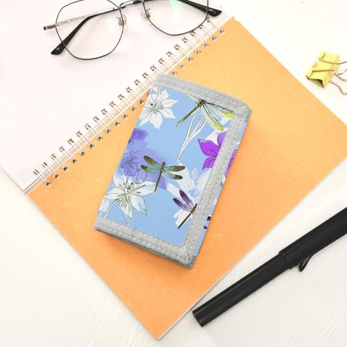 Flowers Dragonflies Blue Kids Wallet for Boys Girls Trifold Sport Outdoor Wallets for Children Youth Teen Wallet with Zippered Coin Pockets Card Holders Front Pocket Wallets with Magic Sticker 7