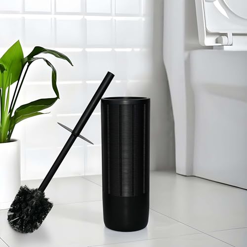 Image of Matte Black Ribbed Design Resin Toilet Bowl Holder and Brush Set, Durable Bathroom Cleaning Tool with Ergonomic Handle and Efficient Bristles, Stylish and Compact Design