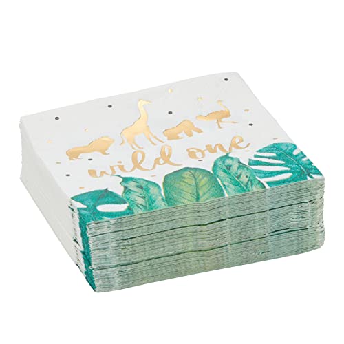 50 Pack Wild One Napkins For Jungle Safari First Birthday Party Supplies, Animal Print Napkins For Boys Or Girls Party, Green Leaves With Gold Foil Accents (5 X 5 In) #TOP6