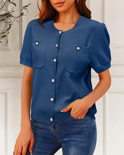Image of Newshows Womens Spring Cardigan Sweaters Lightweight Short Sleeve Button Down Shirts Ribbed Knit Blouse Tops 2026 Trendy