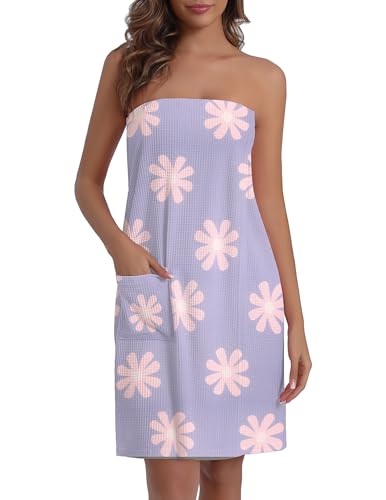 Ekouaer Waffle Robes For Women Bath Wraps Lightweight Knee Length Soft Shower Robe with Pocket Floral Blue S