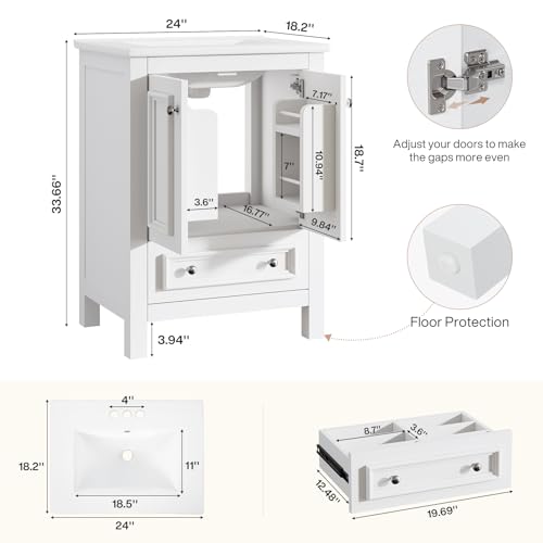 Image of Tribesigns 24 inch Modern Bathroom Vanity with Sink, Freestanding Bathroom Vanities Cabinet with Ceramic Basin Combo, Bathroom Sink Cabinet with 2 Doors and 1 Drawer, Solid Wooden Frame, White