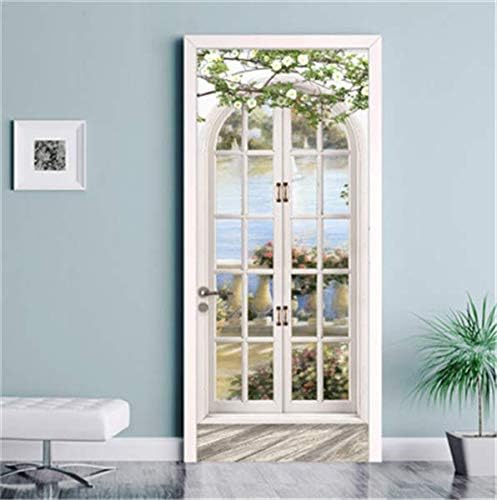 FLFK 3D Door Stickers Peel and Stick 77x200cm,Self-Adhesive Door Murals Wallpaper Poster European Style Arch Pastoral Decals for Home Decor(2Pcs/Set)