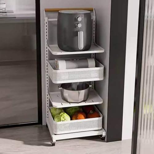 Carrito de almacenamiento con cajones, carrito de cocina estrecho para frutas y verduras, color blanco, 4 estantes y 2 cestas para ahorrar espacio