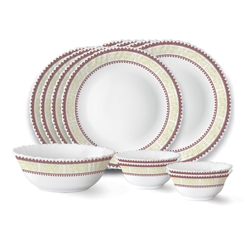 Image of Larah by Borosil Elega Fluted Series Opalware Dinner Set | 12 Pieces for Family of 4 | Microwave & Dishwasher Safe | Bone-Ash Free | Crockery Set for Dining & Gifting | Plates & Bowls | White
