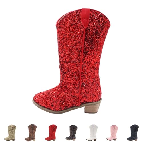 Girls Sequin Sparkly Cowboy Boots Kids 𝗥hinestone Glitter Low Heel Wedding Dress Booties Western Girls Boots Wedge Heel2