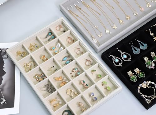 Image of Wudygirl Set of 4 Stackable Jewelry Organizer Drawer Insert Velvet Jewelry Tray with Clear Lid Earring Organizer Bracelet Necklace Ring Holder for Women Girls(Set of 4,Beige)