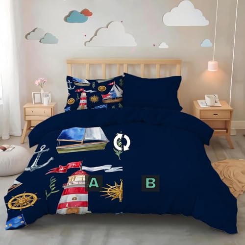 Housse de couette 140x200 imprimé 3D navigation avec 2 taies d'oreiller en microfibre douce