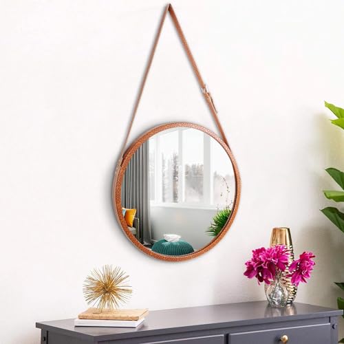 Image of Artemade Round Iron Framed Wall Mirror with Leather Hanging Strap, Belt Design Modern Makeup Mirror Home Living Room Decor (Orange, 40 Cm)