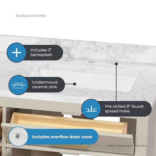 Image of OVE Decors Athea 60 in. Double Sink Freestanding Greige Bathroom Vanity with White Engineered Marble Top, Matching Backsplash, Power Bar and Brushed Gold Hardware