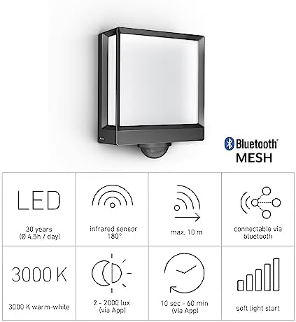 Steinel L 40 SC lampa zewnętrzna LED z czujnikiem ruchu 180°, inteligentna lampa ścienna, Bluetooth Mesh, ściemnianie przez aplikację Connect, antracytowy