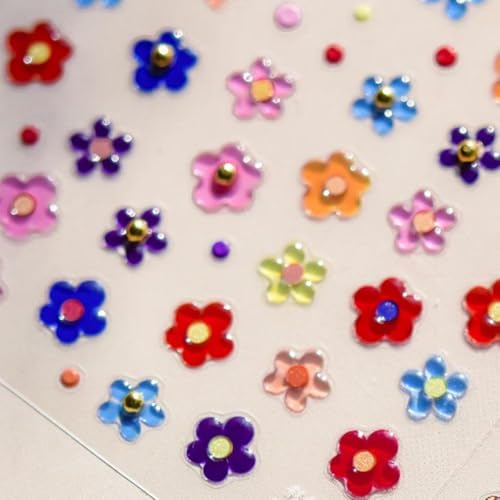Image of 5D Embossed Flower Nail Stickers Colorful Nail Art Stickers Small Gold Ball Nail Decals Self Adhesive Nails Design Manicure Supplies Charm for Women Nail Art Decorations Accessories
