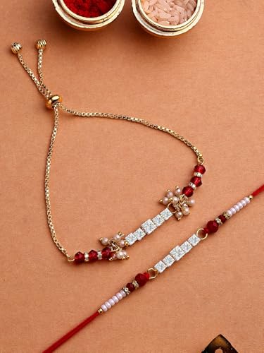 Image of Sukkhi Rakhi Most Beautiful Floral with Gold Plated Rakshabandhan Combo Lumba Rakhi for Bhiaya Bhabhi Brother with Roli Chawal & Greeting Card|Set of 2