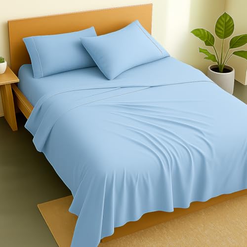 Image of Luxury Cotton Bedsheets - Double Size 90 x 100 Inches - Soft, Lightweight & Wrinkle-Free - Includes 2 Pillow Covers - Light Blue