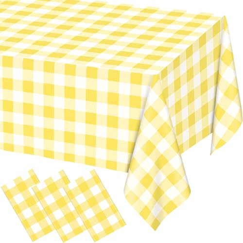 Image of WNINK 3 Pack Light Yellow Gingham Rectangular Plastic Tablecloths, Yellow and White Checkered Disposable Table Covers 54 inch x 108 inch for Birthday, Wedding, Bridal Shower, Outdoor Picnic Camping Parties