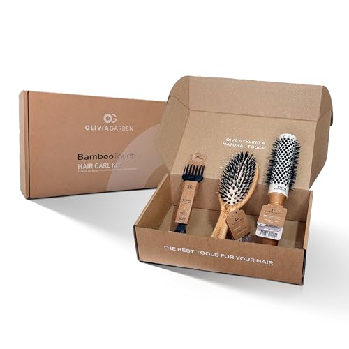 Olivia Garden Bamboo Touch Hair Care Box – Set de Cepillos con Detangle Combo S, Thermal Blowout Brush 33 & Brush Cleaner como Bonus – Un Set de Regalo con un Toque Natural