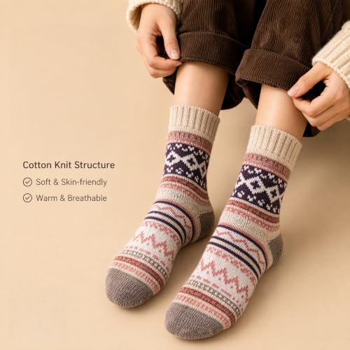 Image of Winter Women Socks 5 Pairs Vintage Wool Casual Thermal Crew Socks