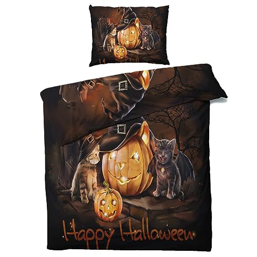 WONGS BEDDING Halloween Bettwäsche 135x200 Fledermaus Kürbis 2 Teilig, Weich Mikrofaser Bettwäsche-Set für Kinder Jungen Mädchen, Bettbezug mit Reißverschluss und Kissenbezug 50x75 cm, Gelb 5 MOBEITI Halloween Bettwäsche 135x200, Kürbis Katzen Wendebettwäsche - Deko & Geschenke, Weiche Mikrofaser Bettbezug Set 2teilig, mit Reißverschluss, 1 Kissenbezug 80x80