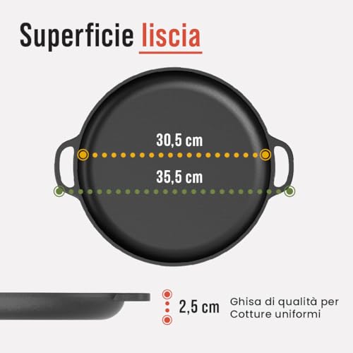 Chef Pomodoro Teglia per Pizza Rotonda in Ghisa Antiaderente da, Teglia Pizza Rotonda con Maniglie, Resiste ad Alte Temperature, Padella Pizza Adatta a Forni, Barbecue, Falò (30 cm) - immagine 3