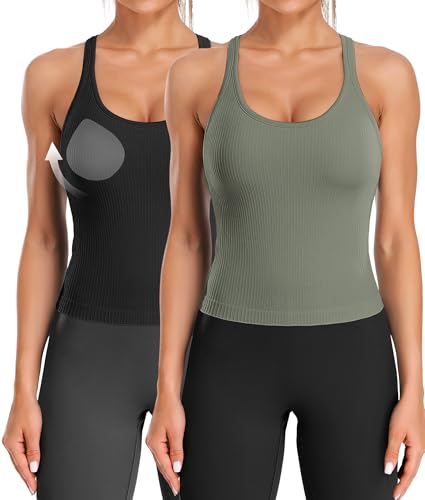 Image of ATTRACO Ribflex Ribbed Workout Crop Tops with Built in Bra for Women Yoga Racerback Tank Top Slim Fit