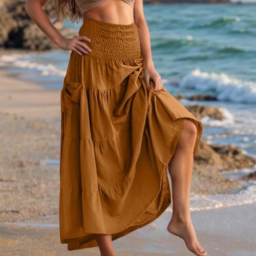 Long Skirts for Women Summer Boho Skirts Trendy Elastic Waist Skirt Pleated Tiered Cotton Maxi Skirt with Pockets3