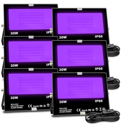 Image of MELPO Black Light 30W LED Blacklight Flood Light Outdoor for Glow Party, Halloween Decoration, Body Paint, Fluorescent Poster, Neon Glow, IP66,US-Plug-Switch-6.7Ft Cord (6 Pack)