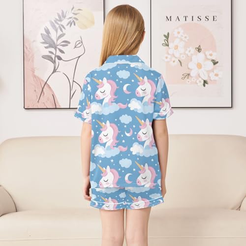 ALAZA Unicorn Moon Star Blue Pajamas Satin Pajama Set Short Sleeve Button Down Sleepwear4