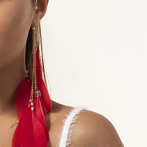 Jumwrit Bohemian Feather Ear Cuff Earrings Feather Dangle Earrings Long Tassel Ear Wrap Earrings Statement Crawler Climber Earrings For Women And Girls（Red） #TOP24