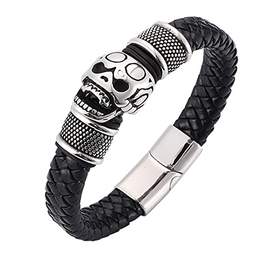 Bracelet en acier inoxydable et cuir véritable tressé de style gothique