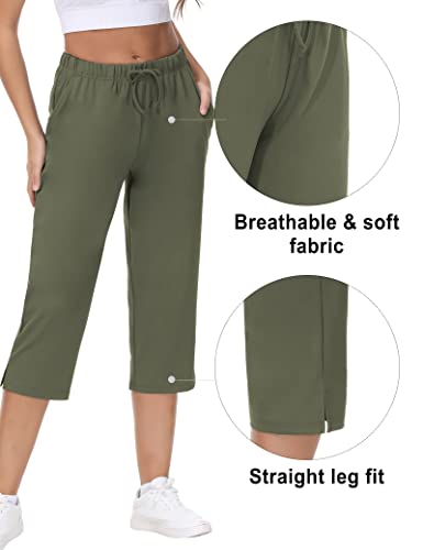 Women's Cropped Capri Pant Pull On Workout Drawstring Summer Capri Pants With Pockets Ladies Lightweight Yoga Capri/Ankle Pant (Army Green, M) #TOP3