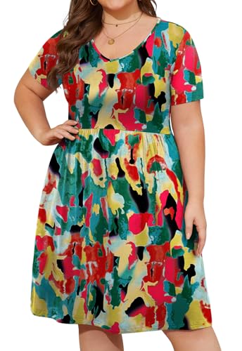 Image of DB MOON Women Plus Size Dresses 2026 Summer Casual V Neck Short Sleeve Knee Length Dress with Pockets