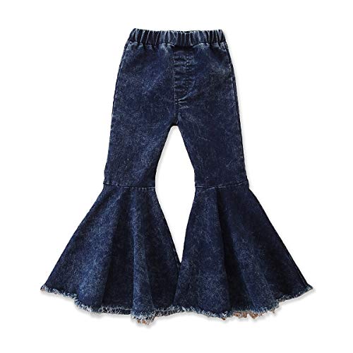 WALLARENEAR Baby Girl Flare Pants Kids Bell Bottoms Ripped Jeans Toddler Denim Leggings Ruffle Long Pant Outfits Clothes (Denim Blue, 6-7 Years)