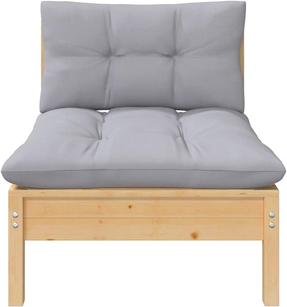 vidaXL Solid Pinewood Patio Middle Sofa with Gray Cushions – Durable Outdoor Furniture with Modular Design for Personalized Configuration