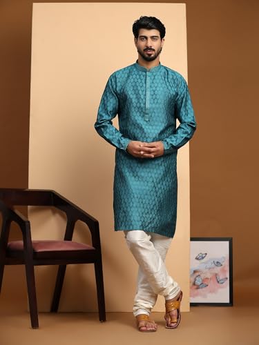Image of AMAZON BRAND - Aanrva Men's Silk Blend Kurta Pajama Set | Traditional Indian Ethnic Wear for Wedding, Festival, Puja & Party