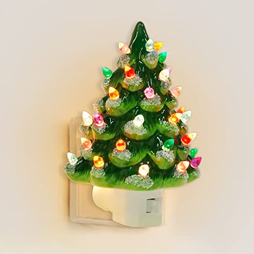Blissun Ceramic Christmas Tree Night Light, 6" Snow-Capped Christmas Decorative Ceramic Tree