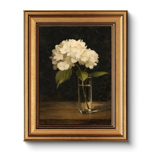 Image of HUARCEY Gold Framed Vintage Wall Art for Living Room, Flowers Painting Prints Shelf Decor for Kitchen, Aesthetic Bedroom Wall Art, Best Gifts for Friends or Family - White Hydrangea 10L x 8W