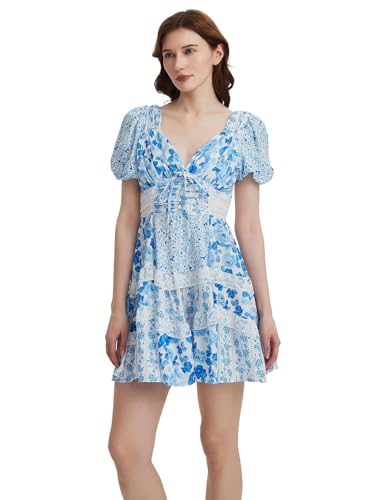 Image of hibshaby Women's Floral Patchwork Dress V Neck Lace Layered Ruffle Flowy Babydoll Dress Puff Sleeve Tiered Mini Sundress