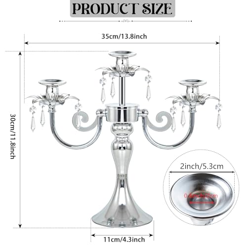 Image of Metal 3 Arm Taper Candlestick Stand with Crystal Pendants - 11.8 Inch Tall Candle Holders, Elegant Centerpieces Candelabra for Wedding, Dining Table, Christmas Party (6Pcs, Silver)